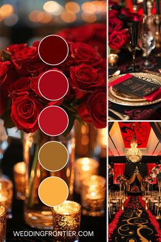 red and gold wedding decor with roses in vases, black table cloth, candles