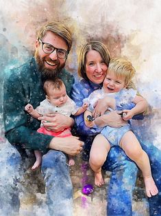 a man and woman holding two children while posing for a photo in front of watercolors