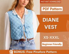 a woman wearing a blue vest and jeans with the text, free pinafore pattern