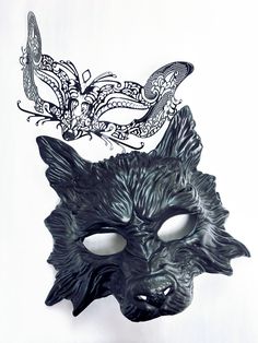 Women's masquerade mask set in black with wolf and fox. Wolf Masquerade Mask, Masquerade Mask Black, Couples Masquerade Masks, Black Masquerade Mask, Wolf Mask, Fox Mask, Female Mask, Laser Cut Metal, Masks Masquerade