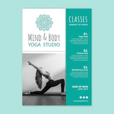 a flyer for a yoga class with a woman doing the splits in front of her