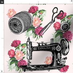 an old sewing machine with pink roses on it and some other things to sew