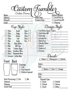 the custom tumbler order form is shown