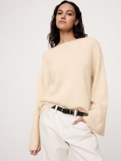 Brushed Cashmere Flare-Sleeve Sweater | Banana Republic Special Sweater, Flare Sleeve Sweater, Support Local Farmers, Cashmere Yarn, Cream Sweater, Oversized Silhouette, Natural Resources, Support Local, Outerwear Sweater