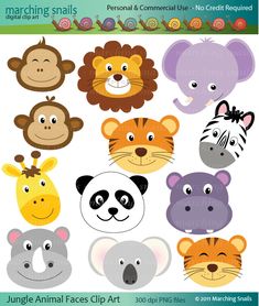 various animal faces cliparts for kids to use in crafts and paper crafts, such as