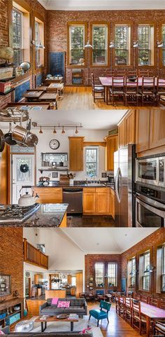 the kitchen and dining room are all in one photo