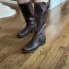 1” Heel Authentic Leather Size 10 Rugged Brown Wide Calf Boots, Brown Leather Lace-up Boots With Wide Calf, Rugged Brown Knee-high Boots For Fall, Brown Knee-high Wide Calf Lace-up Boots, Tall Brown Leather Boots, Fit Board, Tall Brown Boots, Miley Stewart, Brown Knee High Boots