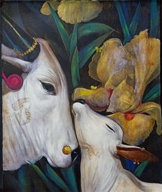 a painting of two white cows with flowers in the background and words written in english