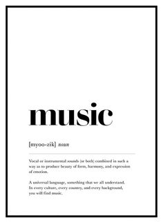 an advertisement with the words music written in black and white, on a white background