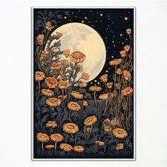 an illustration of flowers in front of a full moon