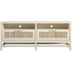 an entertainment unit with wicker doors and drawers on the sides, in white finish