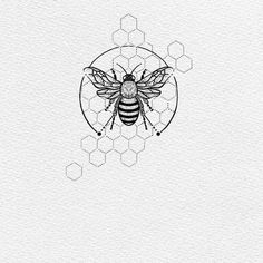 a drawing of a bee with honeycombs on it's back and hexagonal