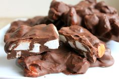 chocolate and marshmallows on a white plate