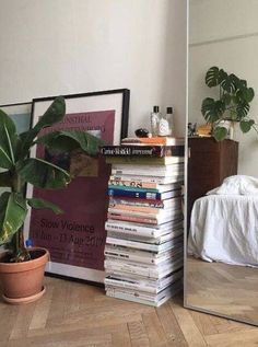 a mirror sitting on top of a wooden floor next to a pile of books and a potted plant