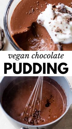 vegan chocolate pudding in a pot with whipped cream on top and the batter being whisked