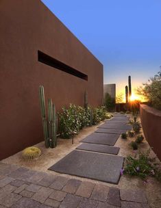 the sun is setting behind a building with cactus and succulents in front