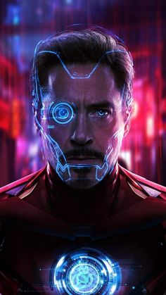 the face of iron man with glowing blue eyes