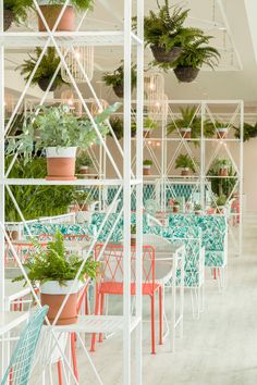 a woman is watering plants in a room with chairs and tables on either side of the table