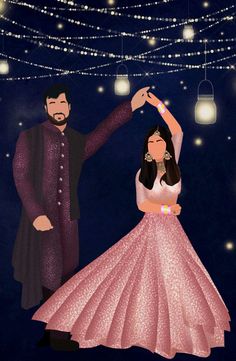 Wedding Illustrations 💕 Indian Couple Dancing Illustration, Sangeet Couple Illustration, Mehendi Caricature, Premium Wedding Invitation, Cartoon Wedding Invitations