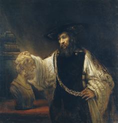 a painting of a man with a long beard wearing a black outfit and standing next to a statue