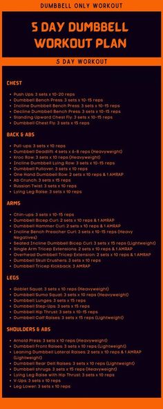 the 5 day dumbbell workout plan is shown in black and orange with an orange background