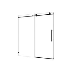 an image of a bathroom shower door with sliding glass doors on the side and black handles