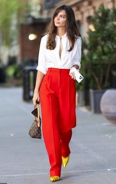 Red Straight Pants, Crimson Pants Outfit, Red Wide Pants Outfit, How To Style Red Trousers, Bright Trousers Outfit, Bright Red Pants Outfit, Red Linen Trousers Outfit, Red Pants White Top Outfit, Colorful Trousers Outfit