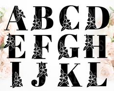 the letters and numbers are decorated with flowers in black on a white background that says abc, f, g, h