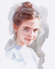 a watercolor painting of a woman with blue eyes and a bun in her hair