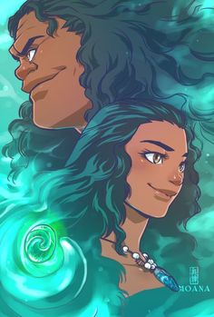 two people in the water, one with long hair and another with curly hair looking at each other