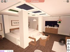 a virtual view of a living room with furniture and decor on the walls, including a bed