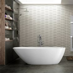 a large white bath tub sitting in a bathroom next to a walk - in shower