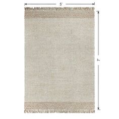 the area rug with fringes is shown in beige and tan tones, along with measurements for