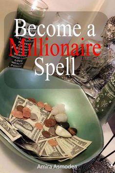 a bowl filled with money sitting on top of a counter