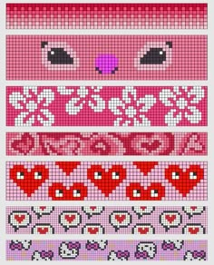 a cross stitch pattern with hearts and flowers in pink, purple, red and white