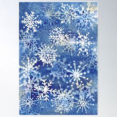 a blue and white snowflaked background with gold foil on the edges poster