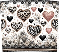 an animal print scarf with hearts and zebras on the front, surrounded by flowers