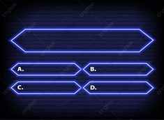 neon blue arrows on a brick wall with the letters b, c, and d