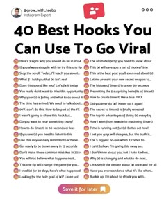 a poster with the words 40 best hooks you can use to go virtual