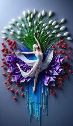 a ballerina is surrounded by flowers and tulips in the shape of a flower