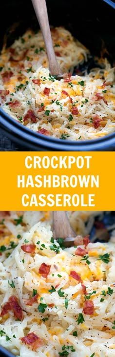 two images showing the process of making hashbrown casserole with cheese and bacon