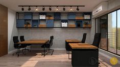 an office with wooden tables and black chairs