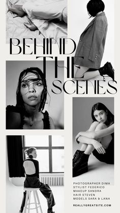 black and white photo collage with woman sitting on stools, behind the scenes