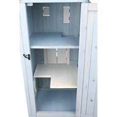 an empty blue cabinet with two shelves on each side