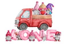 a red truck with gnomes in the back filled with love letters and candy canes