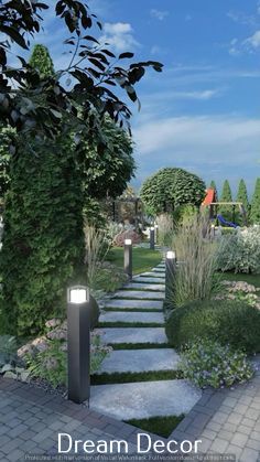 a pathway that is surrounded by plants and trees