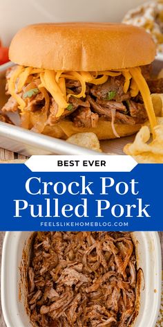 the crock pot pulled pork sandwich is served in a white bowl