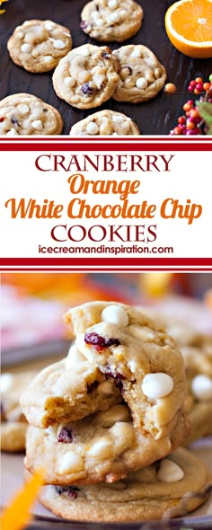 cranberry orange white chocolate chip cookies are stacked on top of each other with the title above it