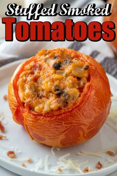 stuffed baked tomatoes on a plate with text overlay