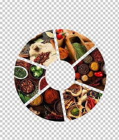 a circular collage with different types of food and spices in the center, on a transparent